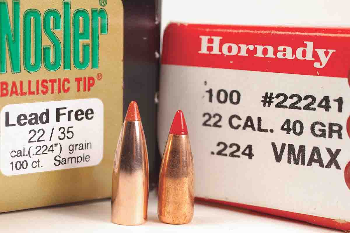 Lead-free bullet cores are usually lighter than lead, which makes them long for their weight. The Nosler .22-caliber, 35-grain Ballistic Tip Lead-Free (left) is longer than the Hornady lead-core .22-caliber, 40-grain V-MAX, even though the V-MAX has a slight boat-tail.
